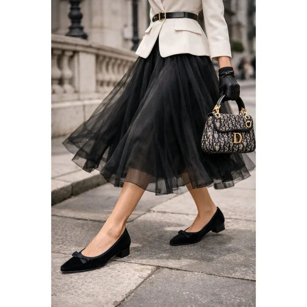 Fabio Rusconi Black Velvet Bow Ballet Flats Pointed Toe Low Heel Italy EU 38
